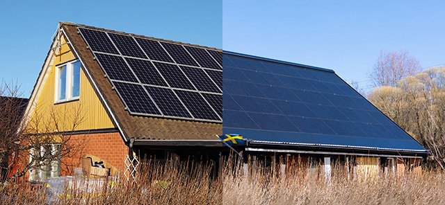 Före och efter bild av ett tak – traditionellt tak kontra soltak med integrerade solceller.